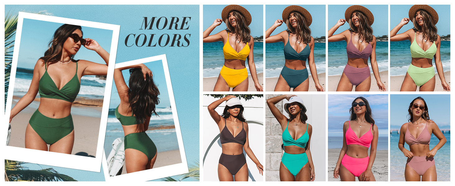 CUPSHE Бійкіні для жінок: Розрізний топ, висока талія, купальник, двочастинний, чорний/зелений