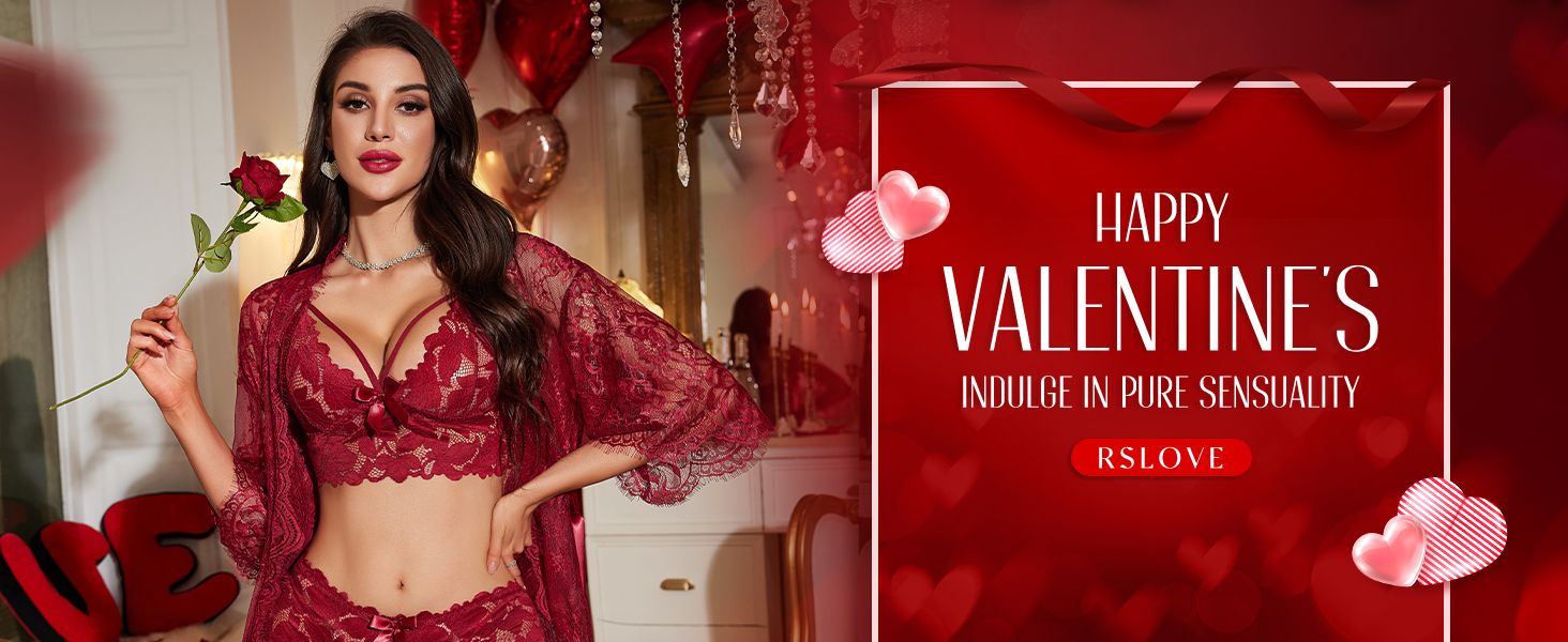 RSLOVE Комплект жіночої ніжної піжами: бюстгальтер, трусики та халат з мереживом, колір морської хвилі