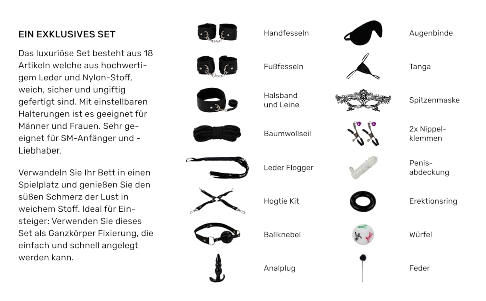 Набір для бондеражу з 18 предметів: фета, наручники, маска для очей. Ідеально для початківців та досвідчених. Еротичні іграшки для пар