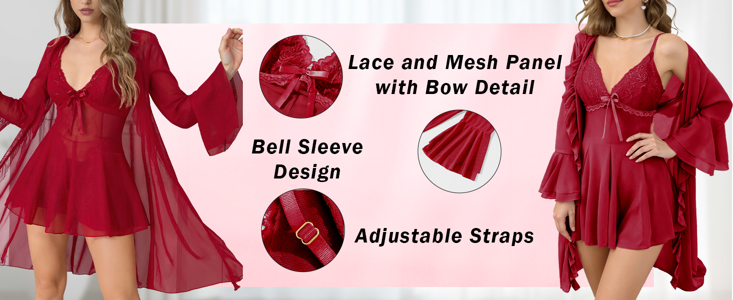 Жіночий комплект білизни AIEOE: мереживний халат-бандаж, нічна сорочка, babydoll, чорний