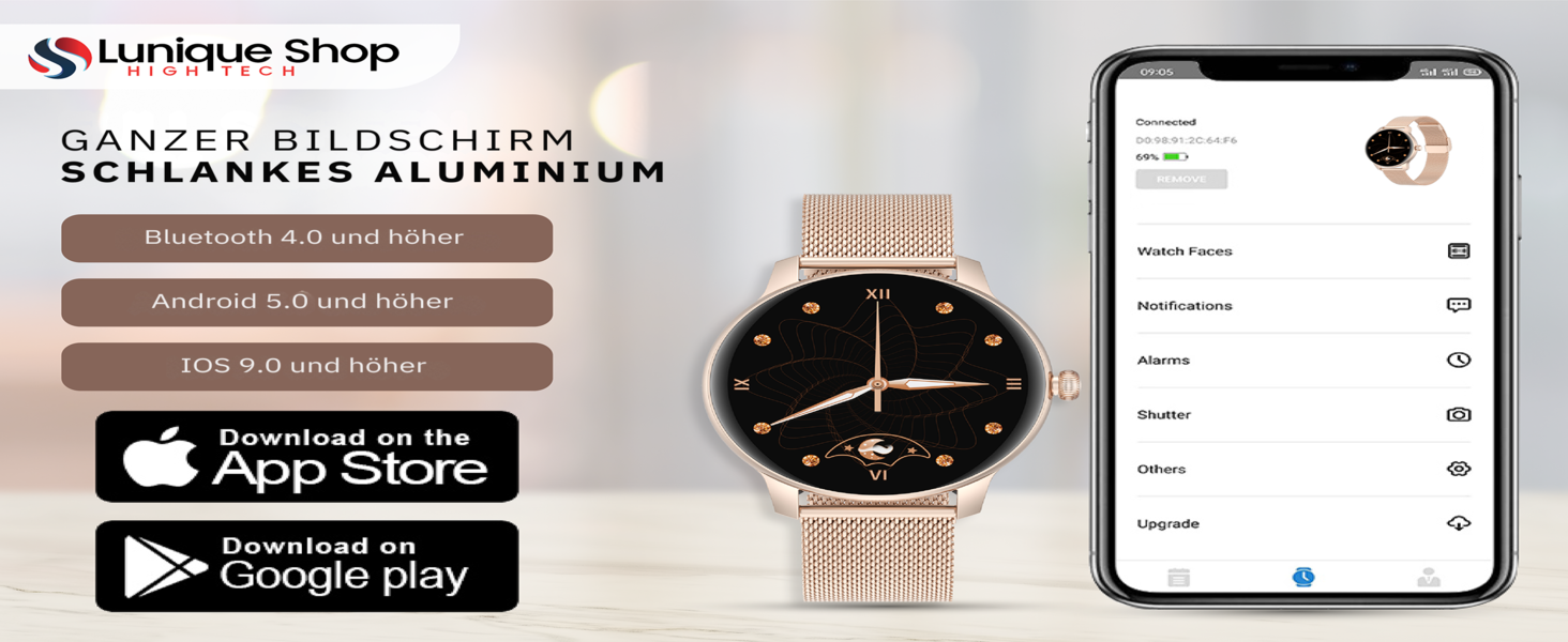Смарт-годинник LSFIT для жінок круглий Rosegold: фітнес-трекер з вимірюванням кров'яного тиску, крокоміром та моніторингом сну, сумісний з Android та iOS