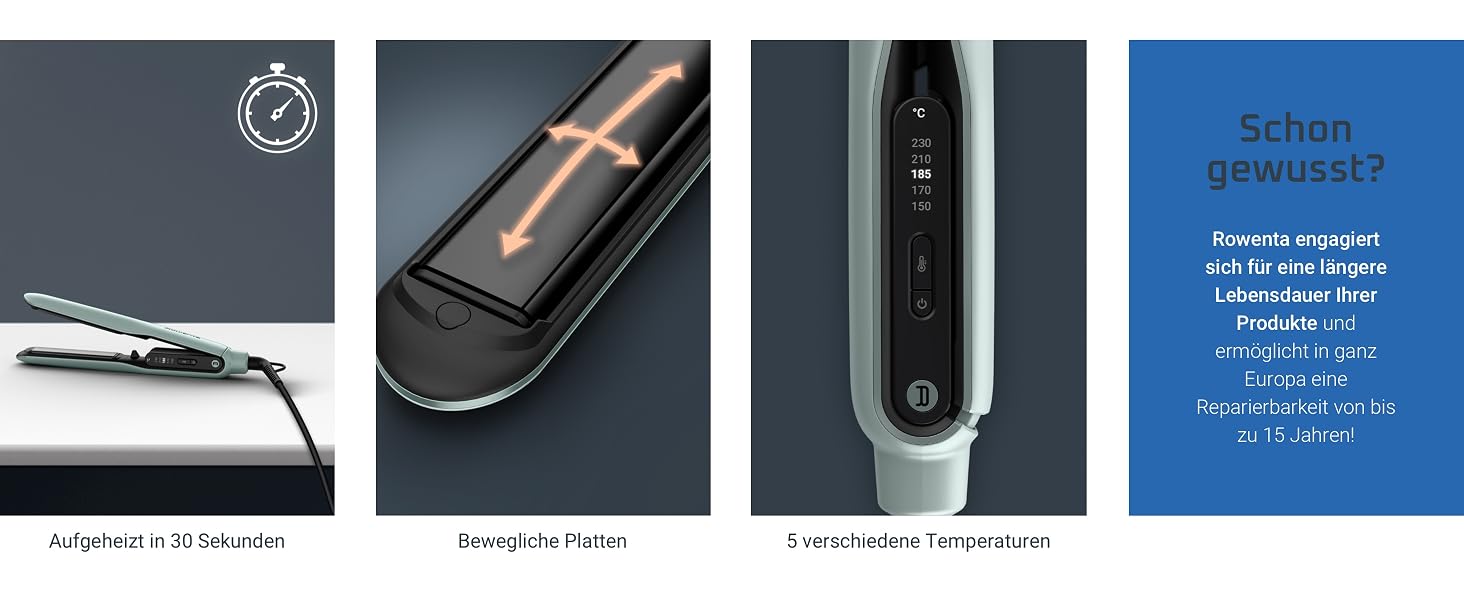 Випрямляч для волосся Rowenta Thermoglide SF5120 з керамічними пластинами, регулюванням температури та поворотним кабелем, синій
