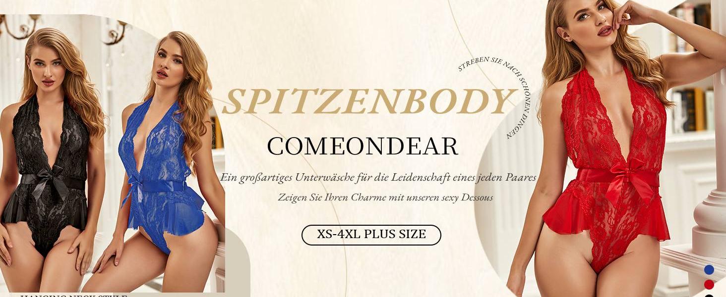 Комплект жіночої білизни Comeondear з мереживом та бретельками, боді, Teddy, великі розміри (XL-XXL, червоний)