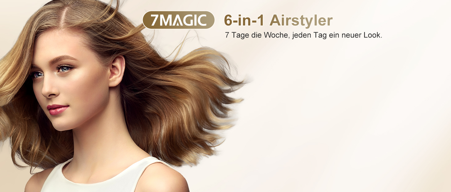 Мультистайлер 6 в 1 7MAGIC Airstyler: іонний фен, автоматичний стайлер для локонів та щітка для вирівнювання волосся, ефект Коанда, колір Champagne Gold