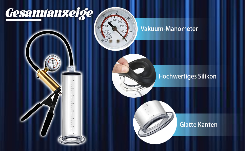 Насос для збільшення пеніса: ручний вакуумний насос з манометром та 6 силіконовими кільцями. Іграшка для чоловіків, збільшувач пеніса. Діаметр: 6.35 см