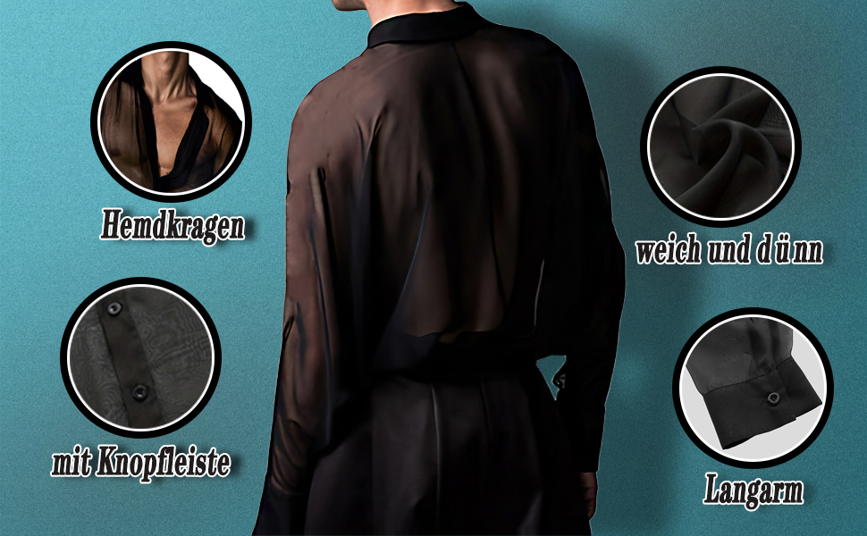 Чоловіча прозора сорочка Detten: мереживна футболка з довгим рукавом, чорна, універсальний розмір