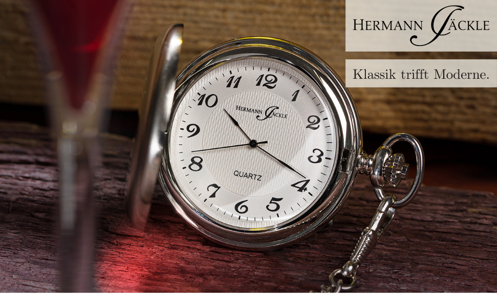 Чоловічий кишеньковий годинник Hermann Jäckle Todtnau кварцовий, сріблястий, 50 мм, з ланцюжком та дорожнім футляром