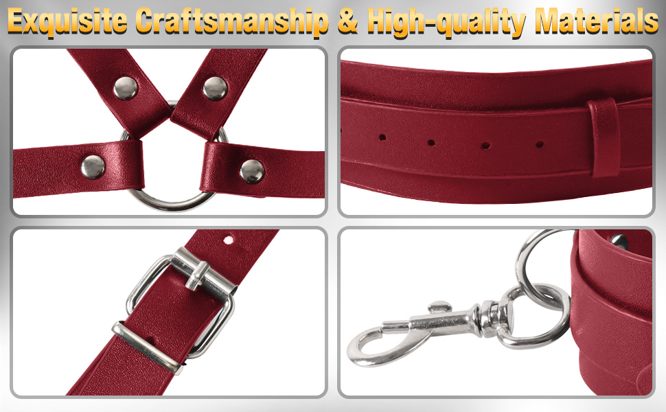 Набір для БДСМ-пов'язання: шкіряне спорядження з наручниками та манжетами для стегон, іграшка для пар, червоний колір