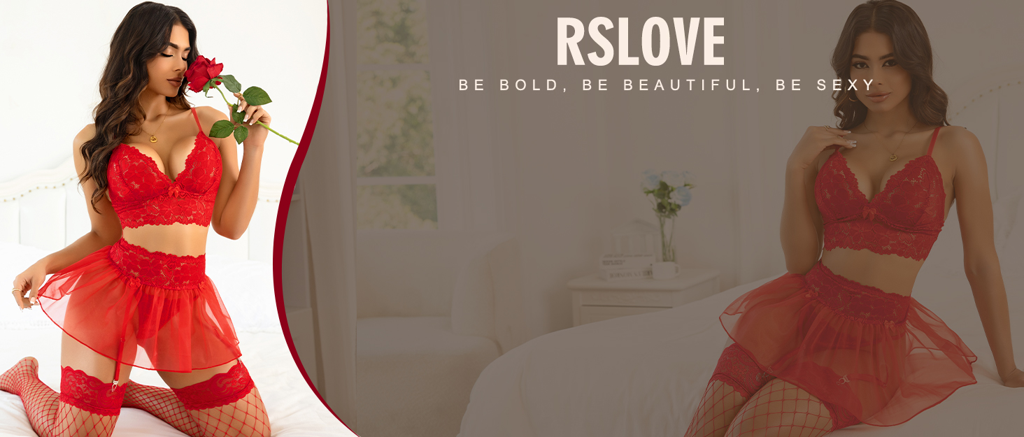 RSLOVE Сексуальна жіноча білизна - комплект із мереживної сорочки-бабочки, спідниці-міні з сітки та стрінгів, блакитний