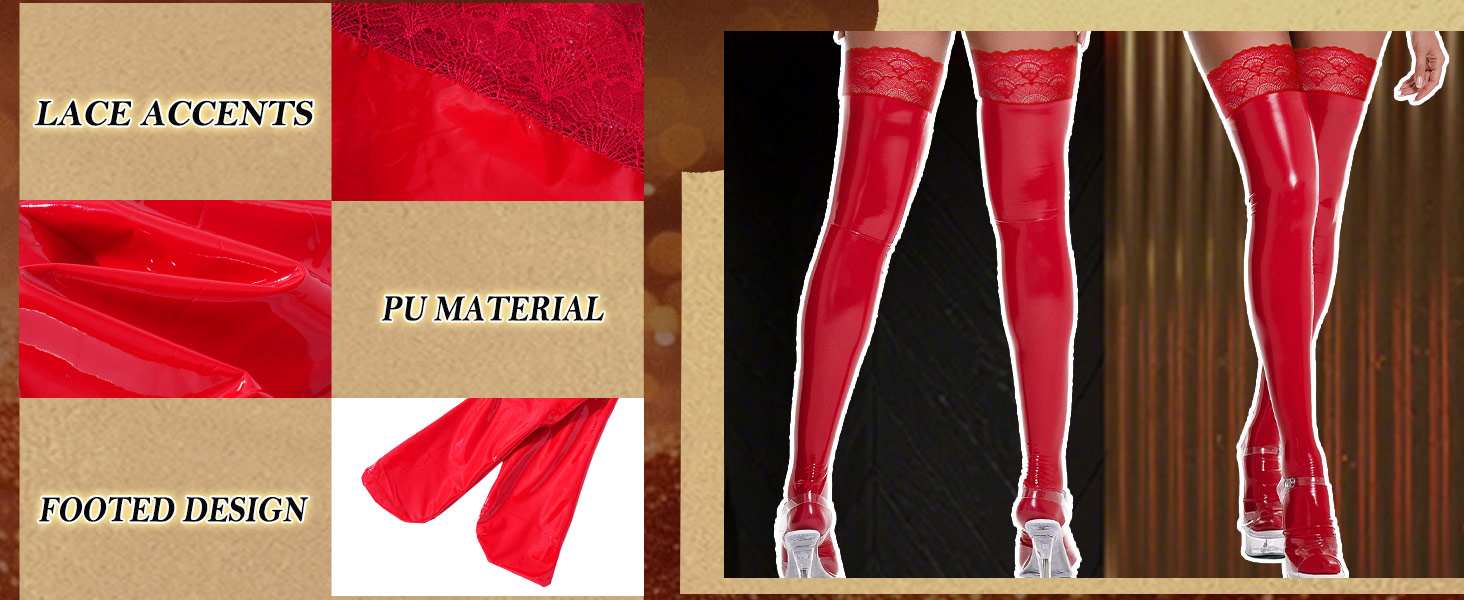 Чулки панчіхні жіночі високі над коліно з мереживом, лак шкіра, чорні. Сексуальний блискучий дизайн, антиковзаючі, для косплею, спідня білизна.