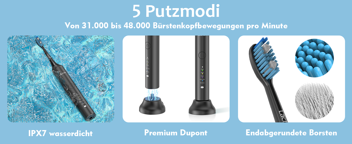 Електрична сонічна зубна щітка Lächen, 5 режимів роботи, чорна, з дорожнім футляром та 4 насадками, USB-зарядка, таймер, водонепроникність IPX7