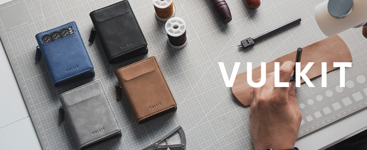 Шкіряний чоловічий картхолдер VULKIT з монетницею, віконцем для ID та алюмінієвим RFID/NFC захисним кейсом для 10 карток, сірий