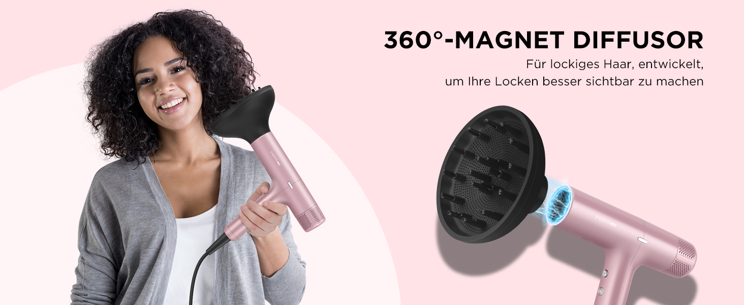 Професійний іонний фен для волосся PARWIN PRO BEAUTY з безщітковим двигуном 110,000 RPM, магнітним диффузором та LCD-дисплеєм, рожевий