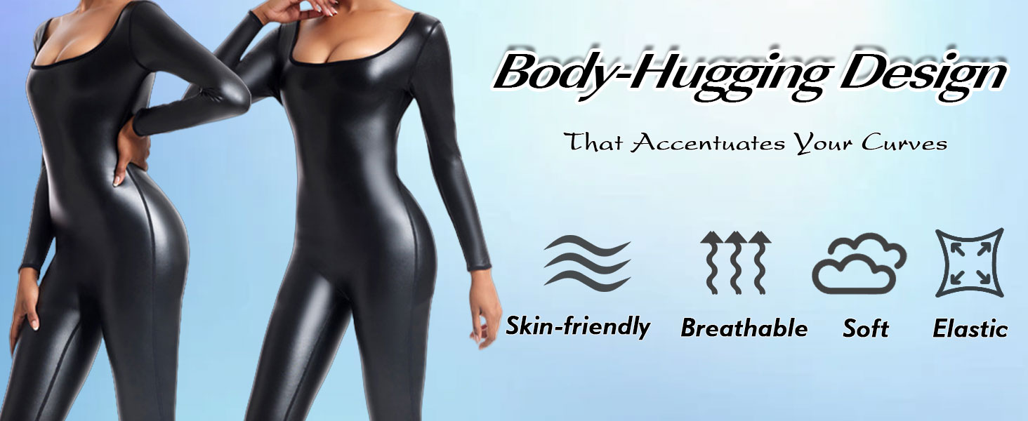 Комбінезон-боді з екошкіри для жінок Ausing. Боді, стрейч, глянцевий, для вечірок, карнавалу, Хелловіну, клубу. Чорний колір.