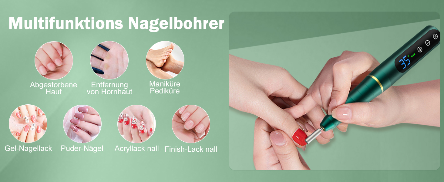 Професійний бездротовий апарат для манікюру та педикюру NAILGIRLS 35000 об/хв, електрична пилка для нігтів 11 в 1, портативний фрезер для гель-лаків та акрилу (Зелений)