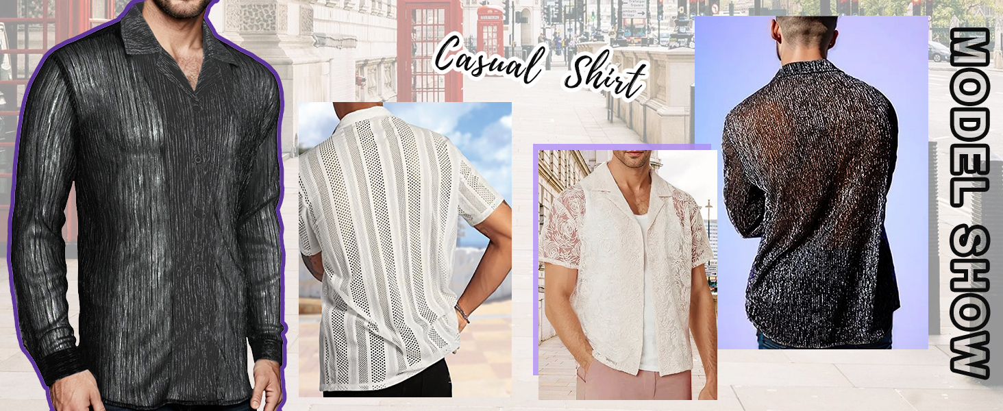 Чоловіча прозора блуза з довгим рукавом Panegy, мереживна сорочка, сітчаста, облягаюча, чорна, розмір L