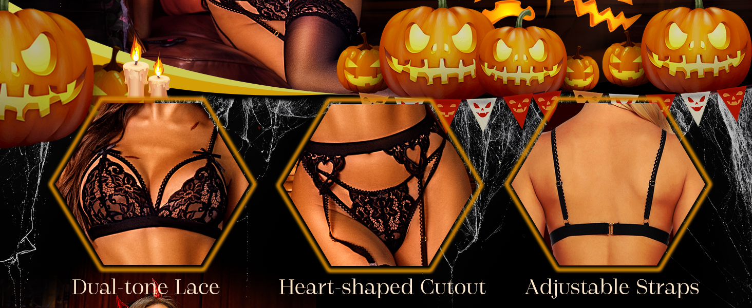 RSLOVE Комплект спідньої білизни для жінок з стрінг-панчіхами - 3-частинний мереживний тіло-боді, баді, боді M, чорний, червоний Remix