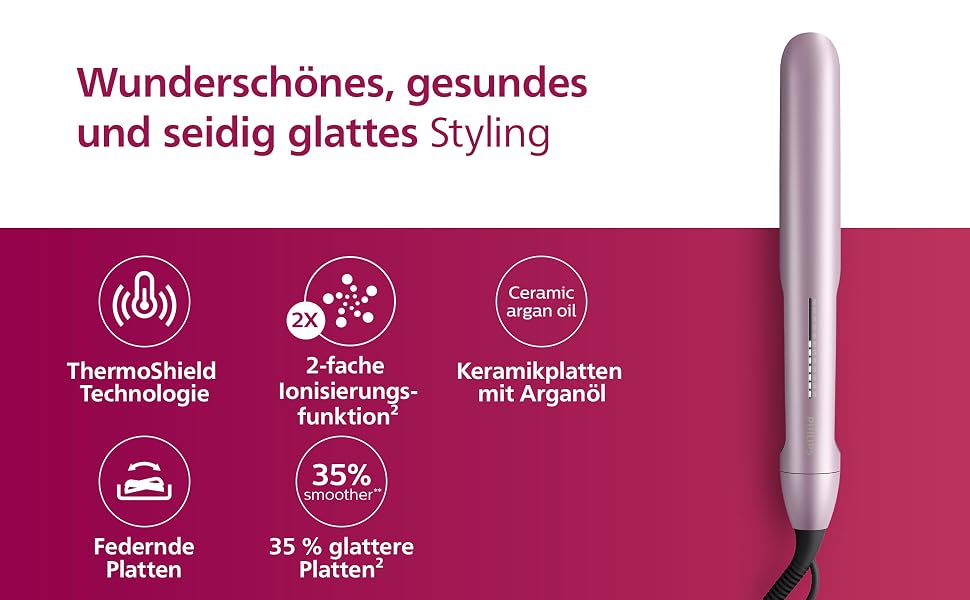 Випрямляч для волосся Philips 5000 Series BHS530/00 з технологією ThermoShield, іонізацією та керамічними пластинами з аргановою олією, світло-рожевий