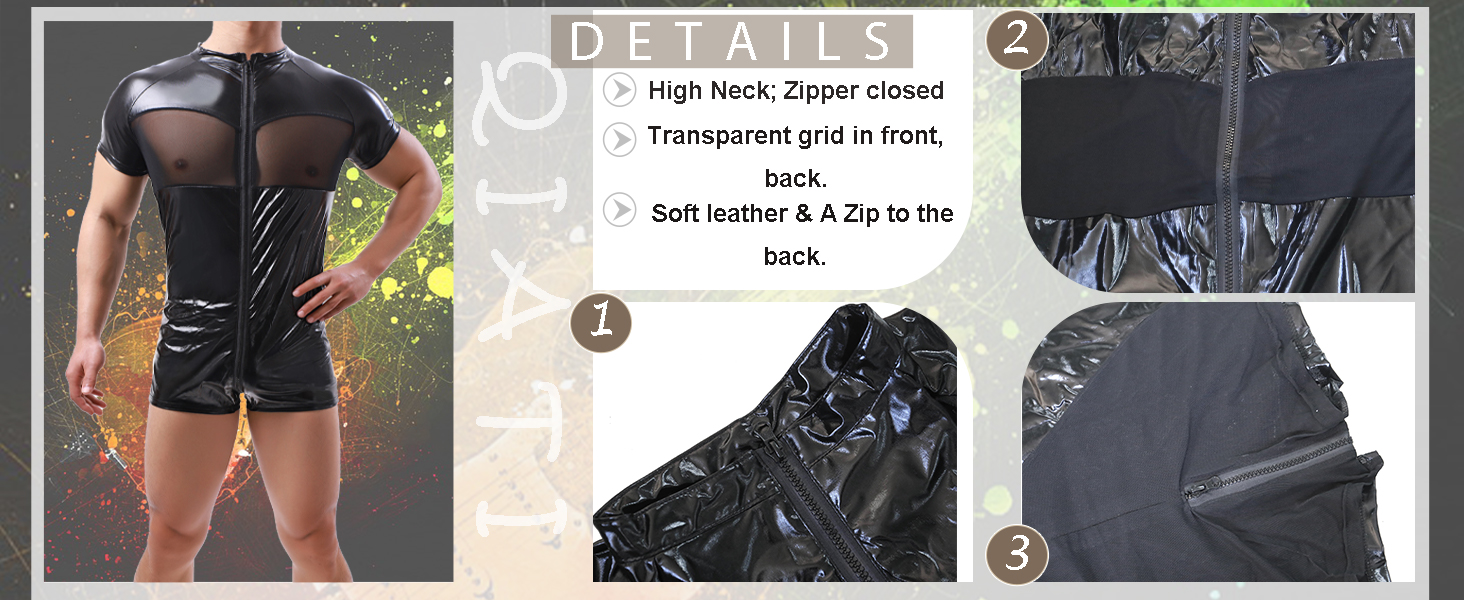 Чоловічий боді QiaTi з короткими шортами, блискавкою та штучною шкірою, з двома кишенями, чорний (M)