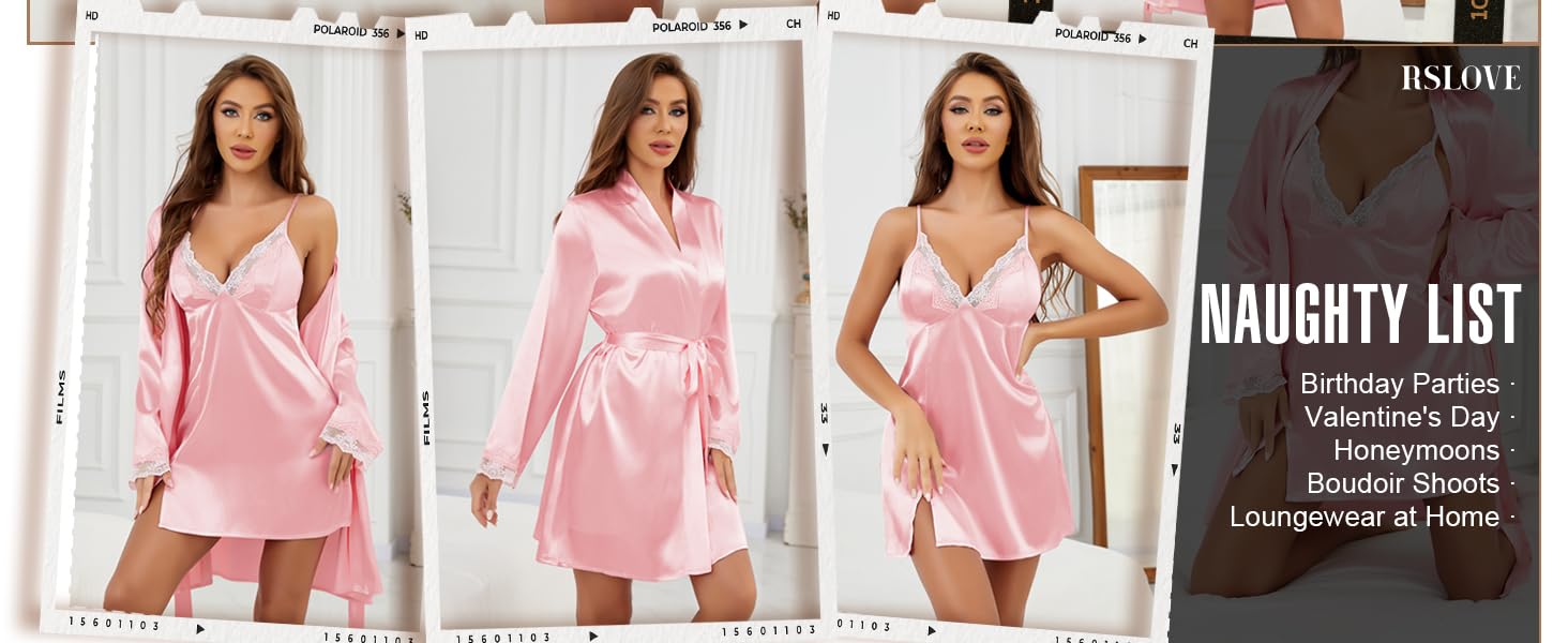 Комплект жіночого шовкового нічного одягу RSLOVE - Сексуальна нічна сорочка з мереживом та халат, 2-частинний комплект чорного кольору