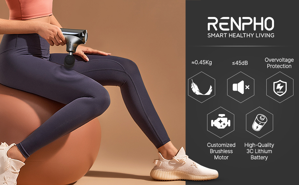 Міні-перкусійний масажер RENPHO Massage Gun для глибокого масажу м'язів, 5 режимів, 4 насадки, портативний ручний масажер, чорний