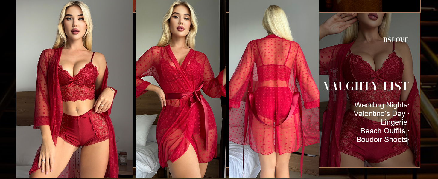 RSLOVE Комплект жіночої білизни: мереживний халат, бюстгальтер та труси (S, Зелений)