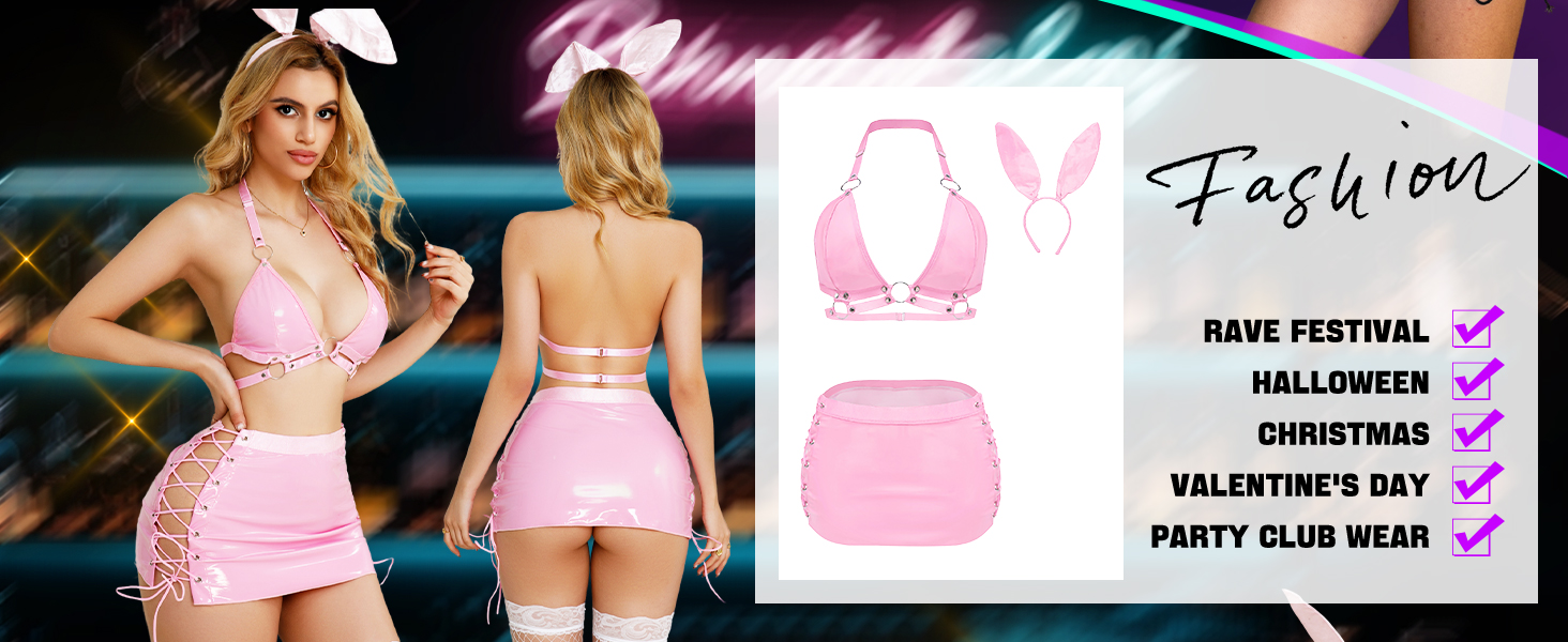 EVELIFE Сексуальний костюм кролика з екошкіри для жінок. Сексуальна спідниця, костюм для вечірок, клубів, фестивалів. Рожевий колір