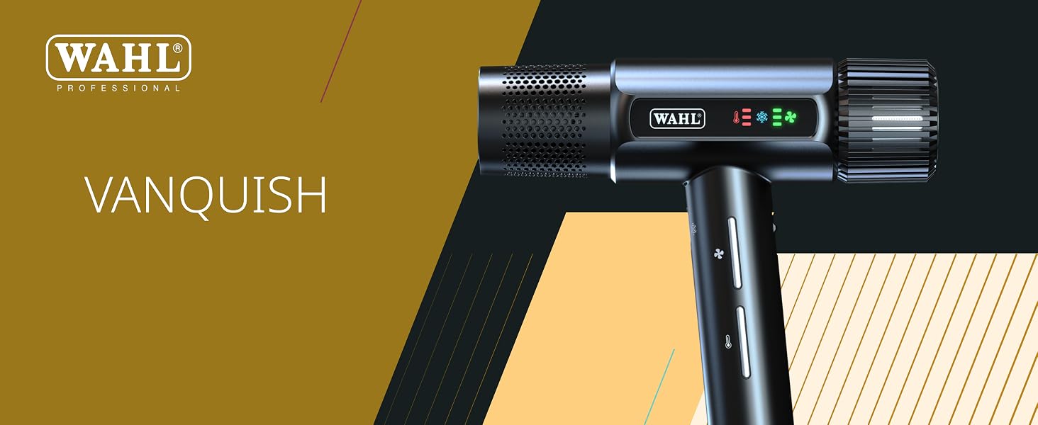 Професійний іонний фен Wahl Vanquish 1600W з FlowControl, магнітними насадками та дифузором, чорний