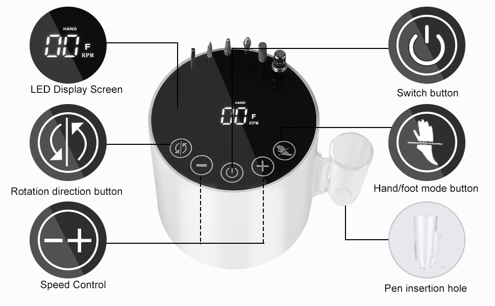 Електричний апарат для манікюру та педикюру Nagelfräser 35000 об/хв з LCD-дисплеєм, сенсорним керуванням та педаллю, білий, 6 насадок