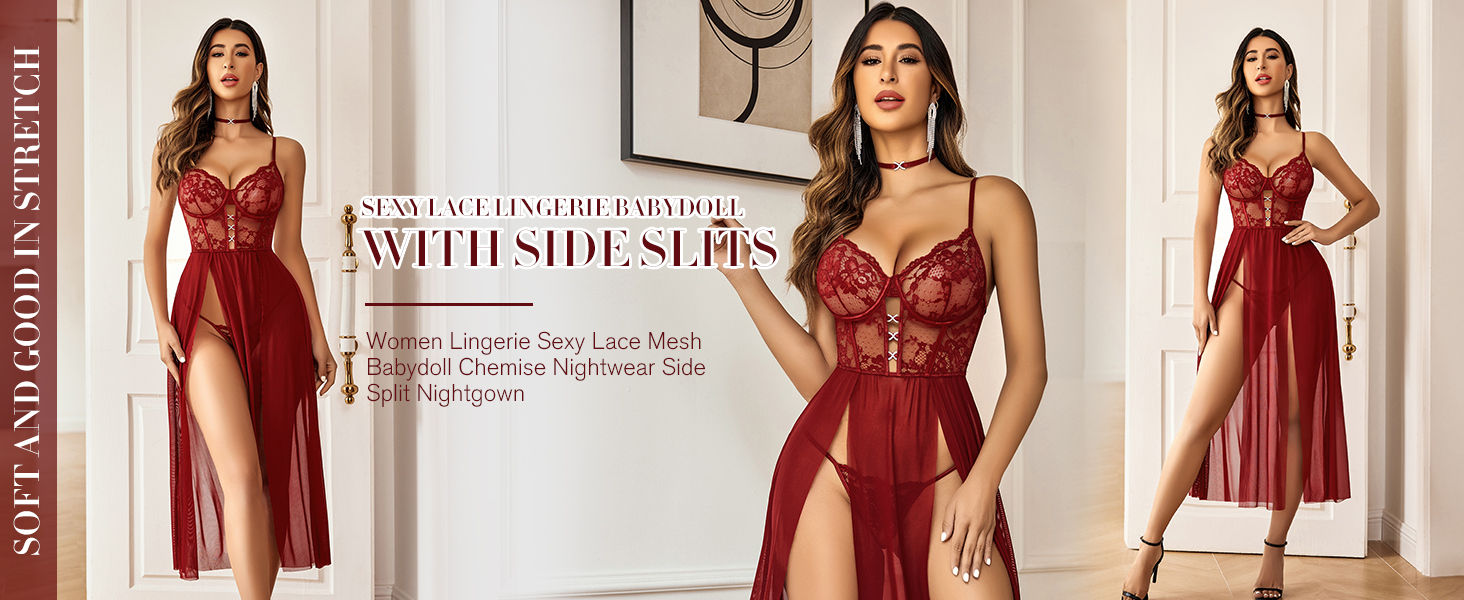 Avidlove Сексуальна спідня білизна для жінок: комплект з мережива, мереживна нічна сорочка-бабочка, корсет, нічне вбрання з боковим розрізом, XL, чорний