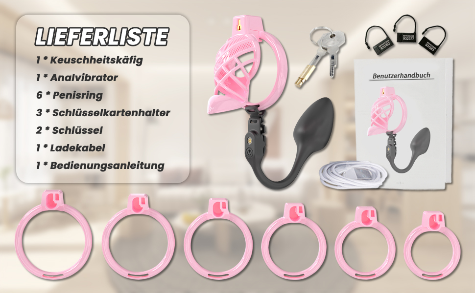 Набір для БДСМ: клітка для статевих органів, вібратор, 6 кільця для пеніса, керування через додаток, для чоловіків та пар (рожевий)