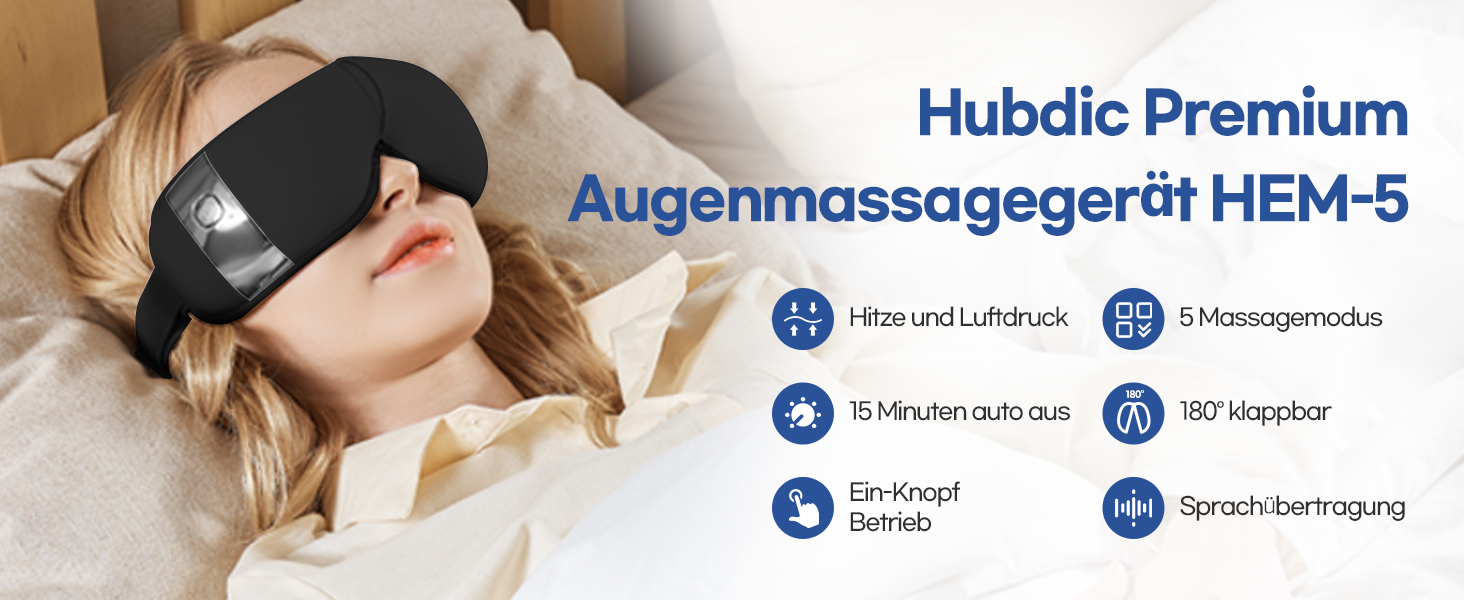 Масажер для очей HubiCare з функціями підігріву та охолодження, 3D-повітряним компресійним масажем, вібрацією та Bluetooth, чорний