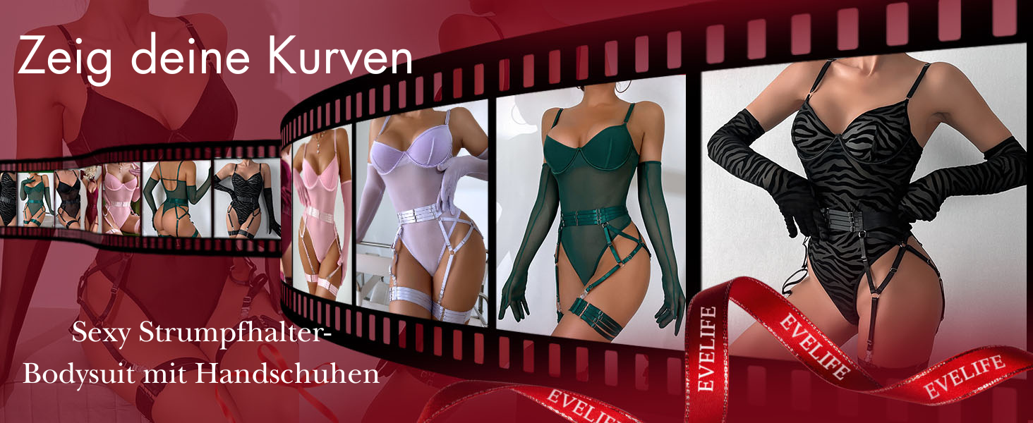 EVELIFE Комплект жіночої білизни: мереживний боді, стрінги та рукавички. Чорний, розмір 36