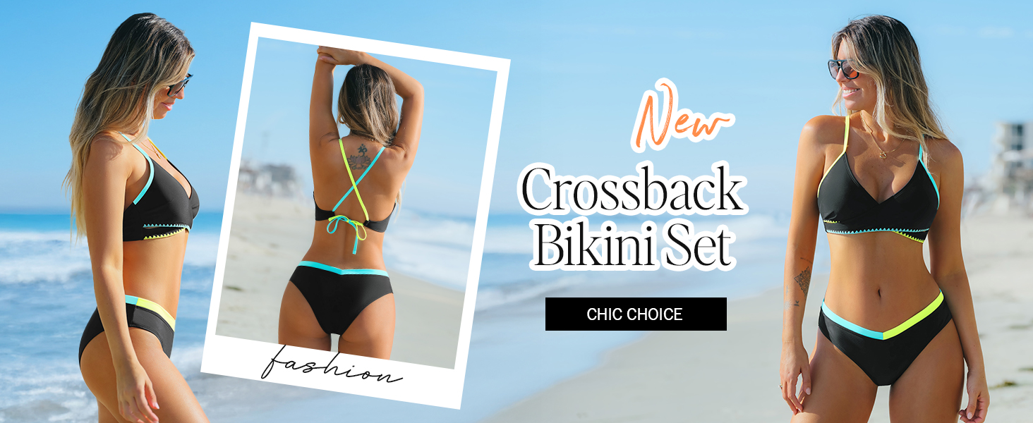 CUPSHE Бікіні жіночий комплект: V-подібний виріз, двочастинний, кольоровий блок, вирізи, перехресне обплетення спини, самов'язування, купальник, плавки, чорний