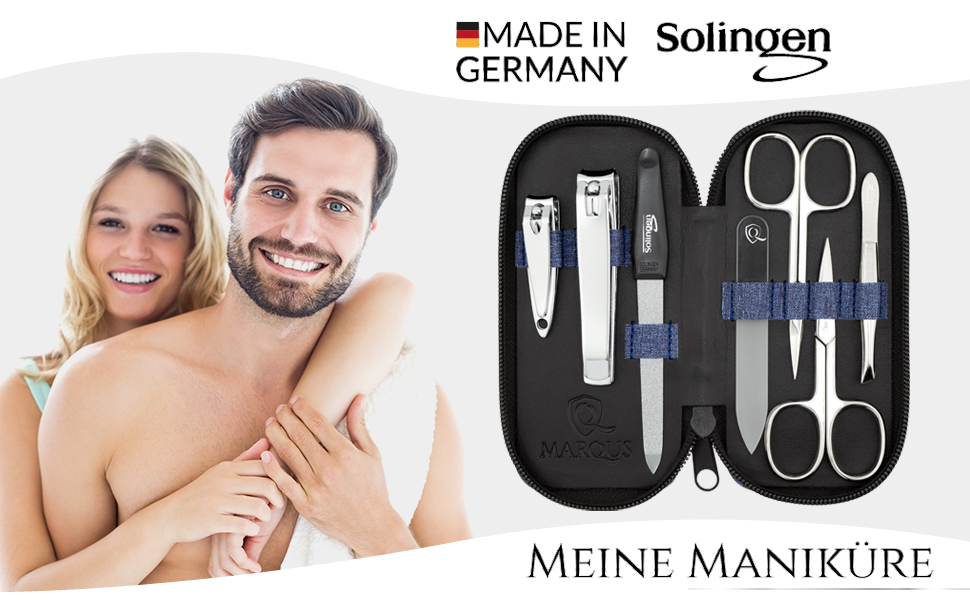 Манікюрний набір marQus для жінок та чоловіків, Solingen (Німеччина), 7 предметів зі скляною пилкою та шкіряним чохлом (колір: Jeans)