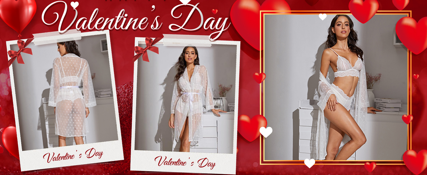 Комплект нижньої білизни RSLOVE для жінок, 3 частини: мереживний кімоно, бюстгальтер та труси, червоний, розмір M