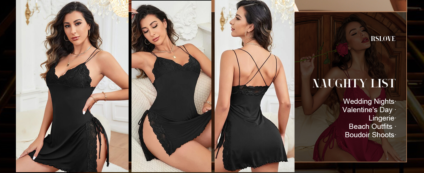 Еротична нічна сорочка Babydoll RSLOVE - чорна мереживна комбінація XXL