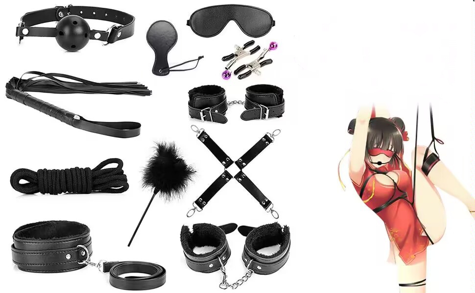 Набір для БДСМ-ігор Qoosea 26 шт: наручники, кайдани, анальні пробки, іграшки для пар. Чорний колір.