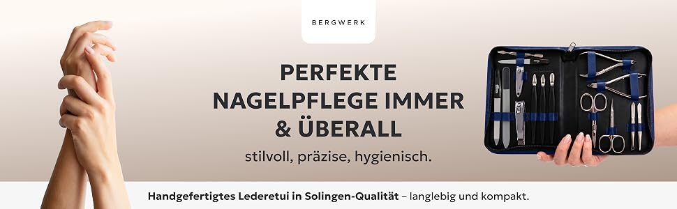 Професійний набір для манікюру та педикюру BERKWERG Solingen, 15 предметів, шкіряний футляр, чорний — Німеччина