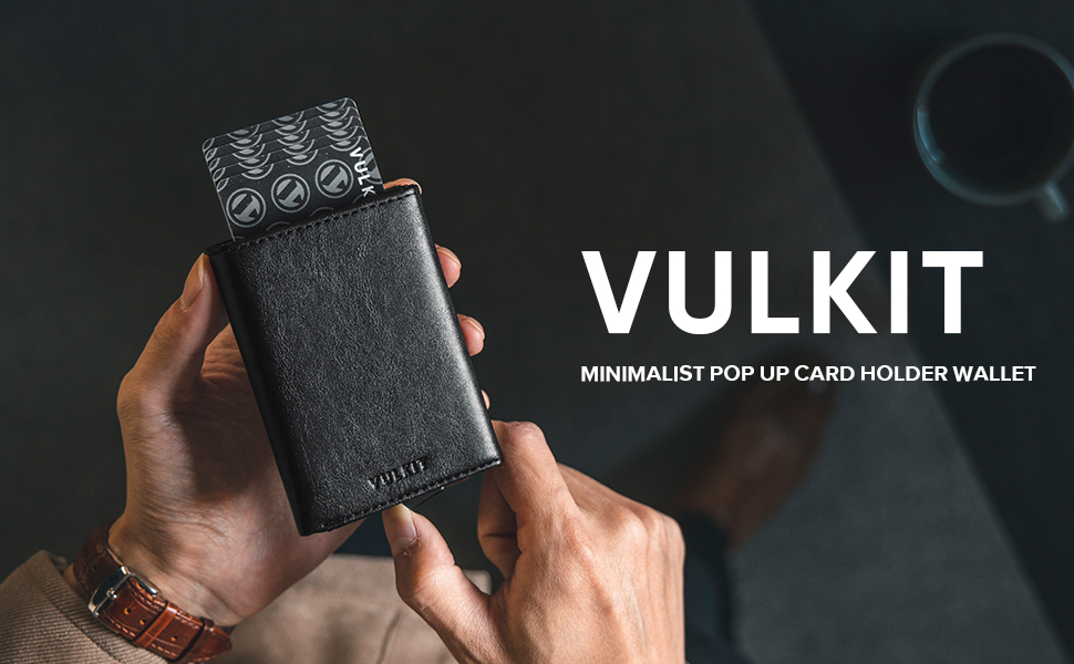 Шкіряний картхолдер VULKIT для чоловіків з Pop-up механізмом, RFID-захистом, відділенням для купюр та вікном для ID-картки, чорний