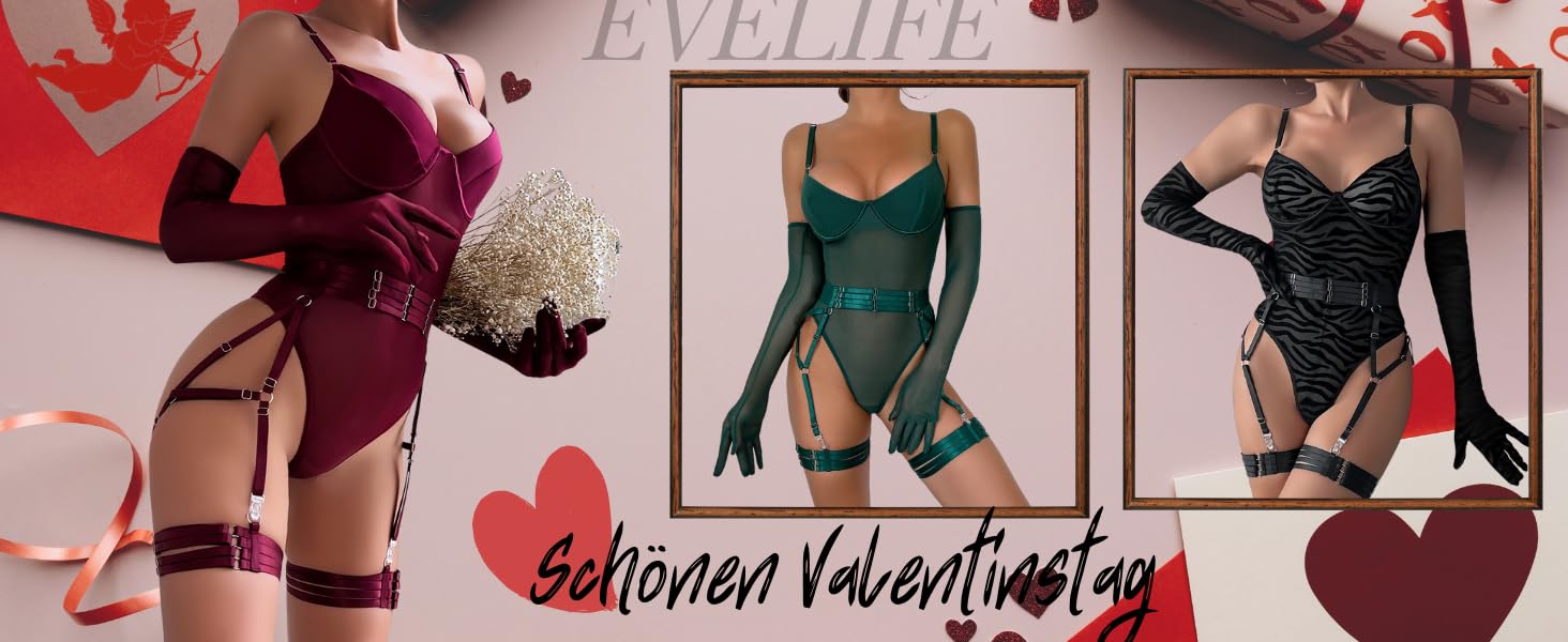 EVELIFE Комплект жіночої білизни: мереживний боді, стрінги та рукавички. Чорний, розмір 36