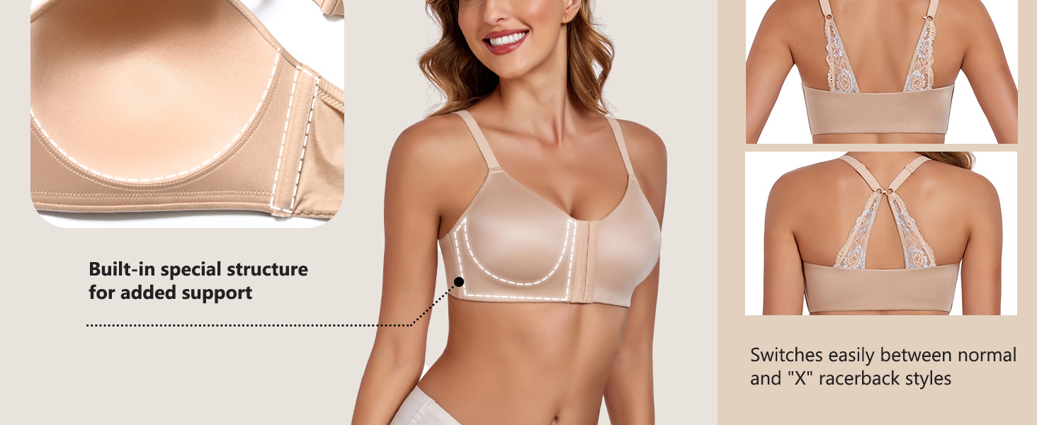 Леморосі: Безшовний бюстгальтер без кісточок, мультивей, на спину, з передньою застібкою, великі розміри, сильний утримання, повна чашка, комфортний, класичний бралетт для повсякденного носіння, 95E, бежевий
