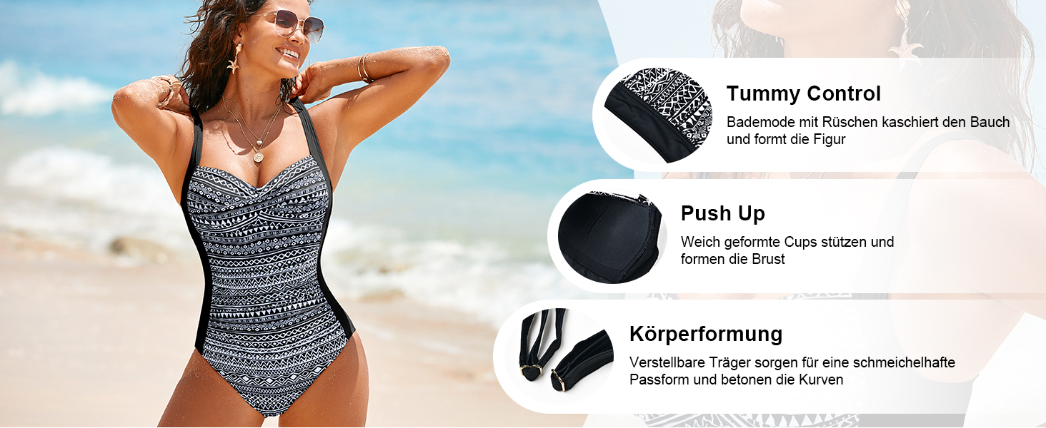 Чорний купальник для жінок з високою талією, push-up, великі розміри, модель monokini з рюшами, витончений дизайн
