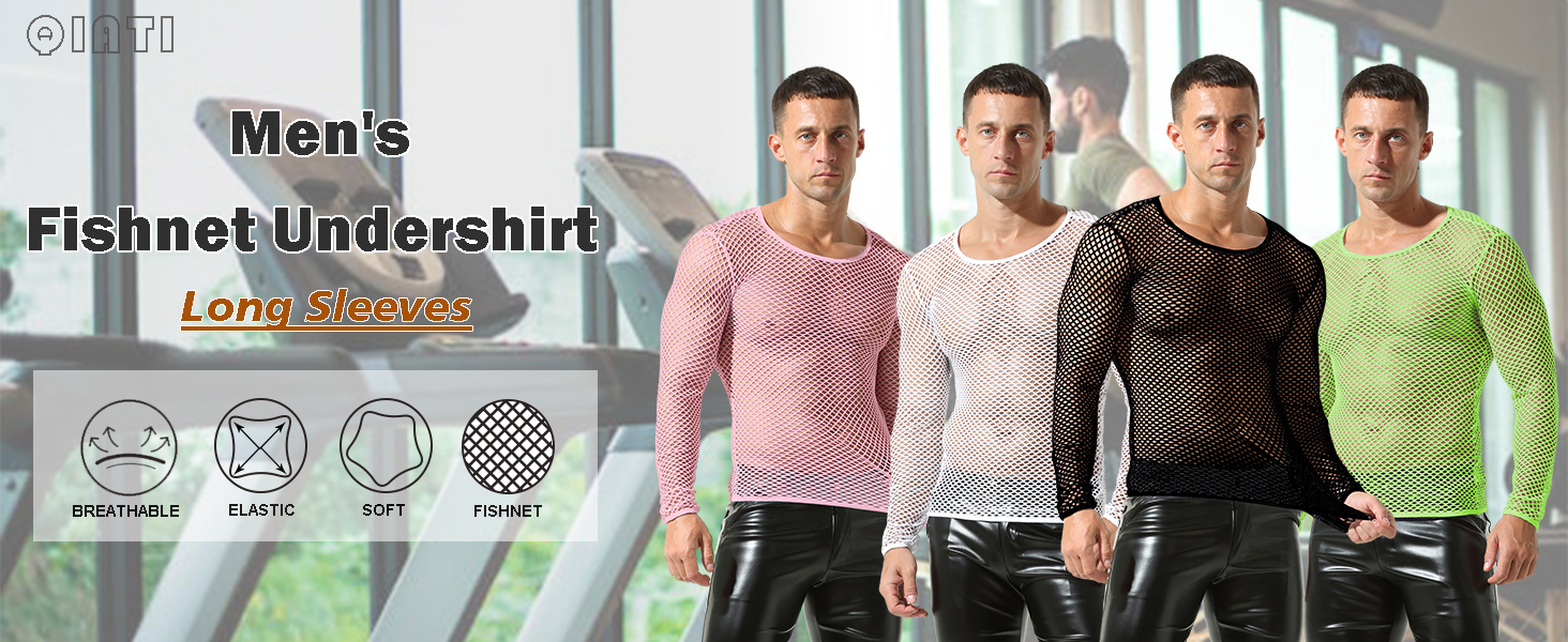 Чоловіча сітчаста футболка QiaTi з довгим рукавом, прозора, мереживна, чорна