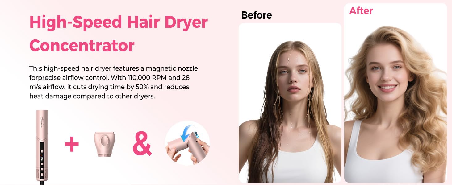 Набір стайлер для волосся 7 в 1 Atopskins Airstyler Pro: фен з дифузором, круглі щітки, випрямляч та плойка для beach waves, Creamrosa