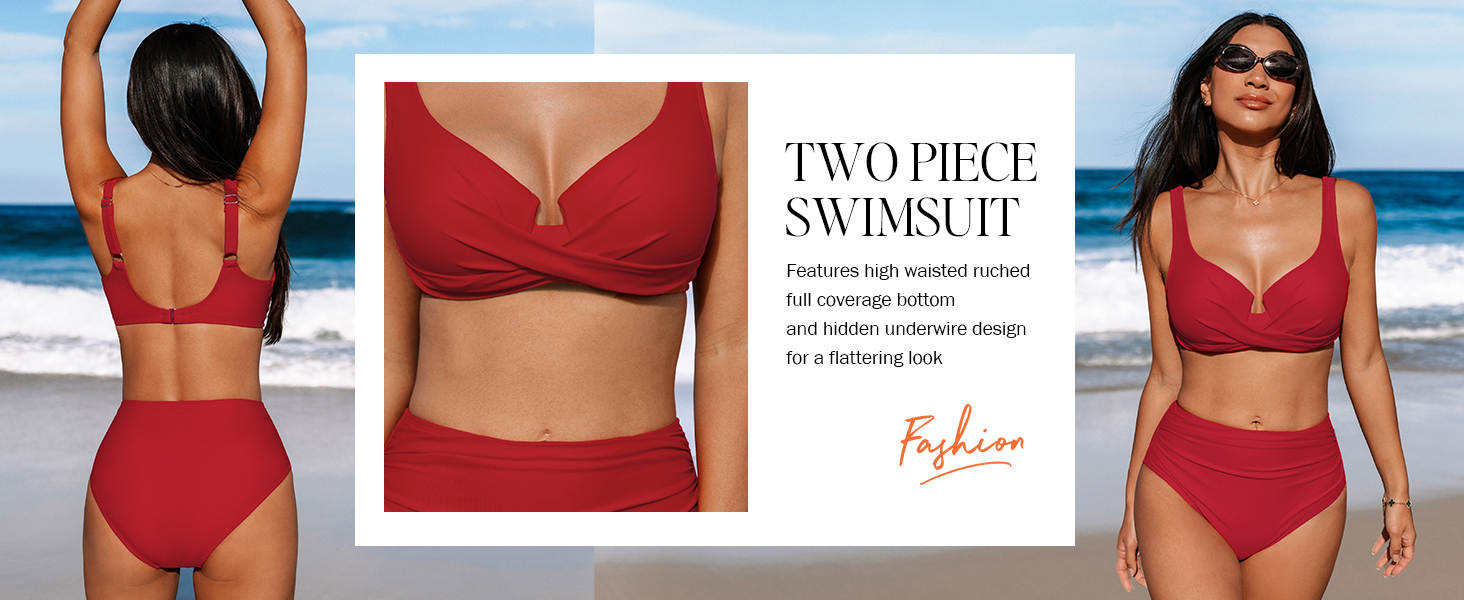 CUPSHE Бікіні жіночий комплект: зав'язування, перехрещення, пуш-ап, висока талія, двочастинний купальник, червоний, розмір XL
