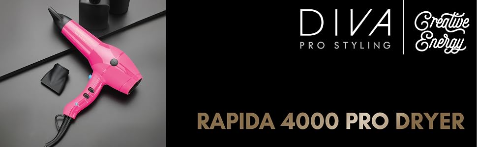 Професійний фен для волосся Diva Pro Styling Rapida 4000 Pro, 2200 Вт, 4 температурних та 2 швидкісних режими, функція холодного обдуву, magenta