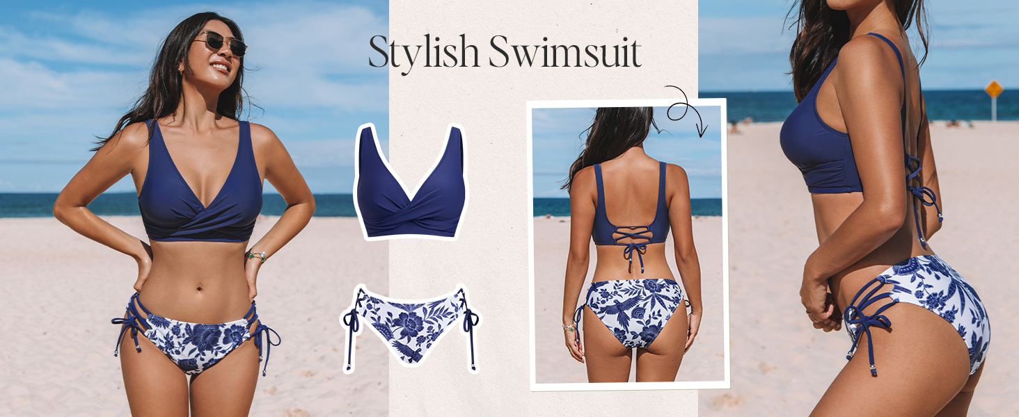 CUPSHE Bikini Set: Розкішний двочастинний купальник з квітковим принтом, низька посадка, шнурівка, лимонний колір