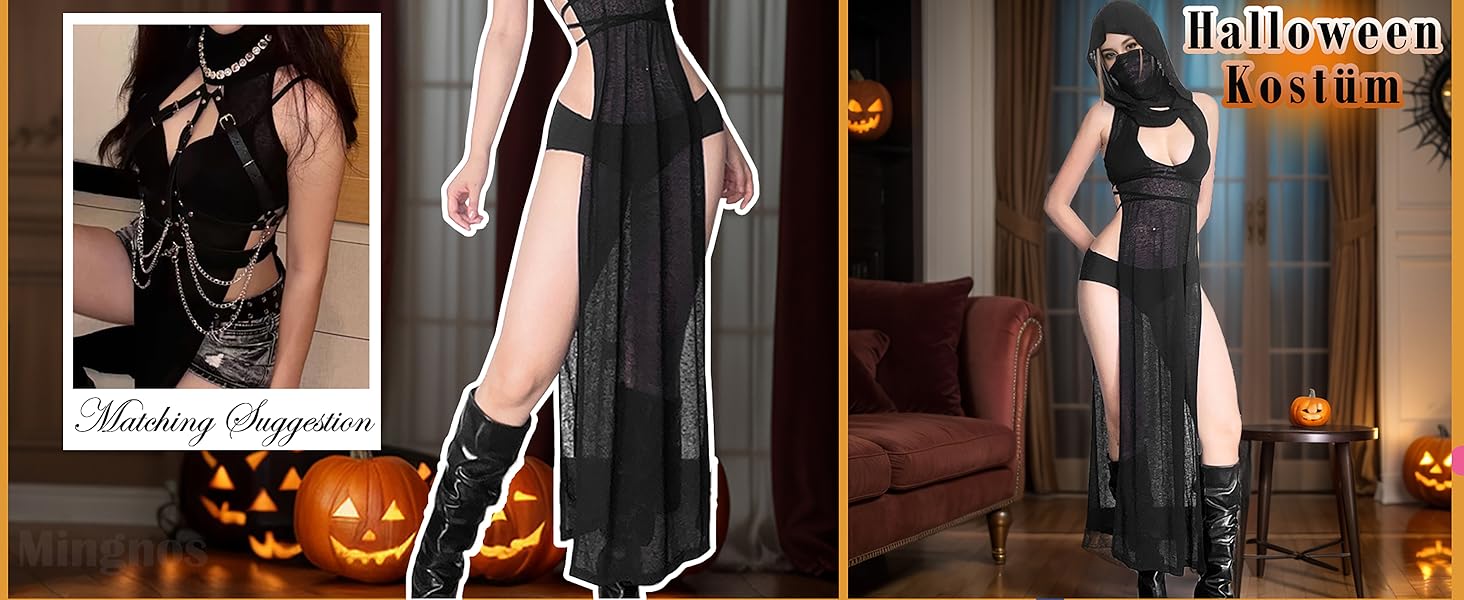 Прозора готична сукня Mingnos для рейв-вечірок, чорна з вирізами, з високим розрізом, для EDM фестивалів, клубів та вечірніх виходів. Розмір L