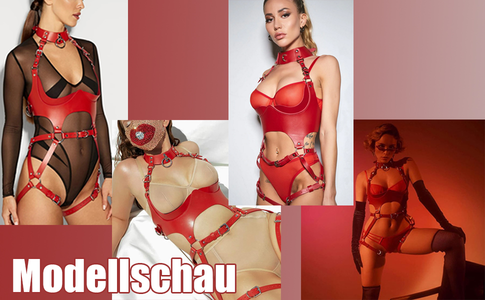 Жіночий шкіряний корсет-нагрудник ALMYMM: сексуальний аксесуар для Cosplay, вечірок та клубів. Нагрудник-збруя, пов'язки на стегна, ланцюги, SM-іграшки, червоний колір